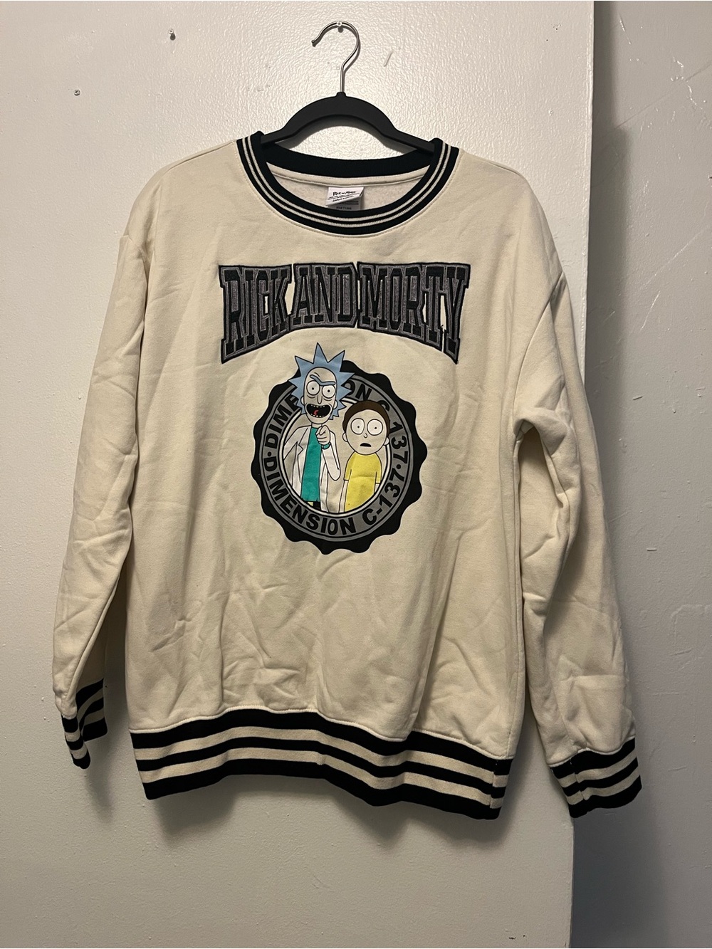 Rick and Morty Cream Crewneck Sweater with Black Stripe Trim